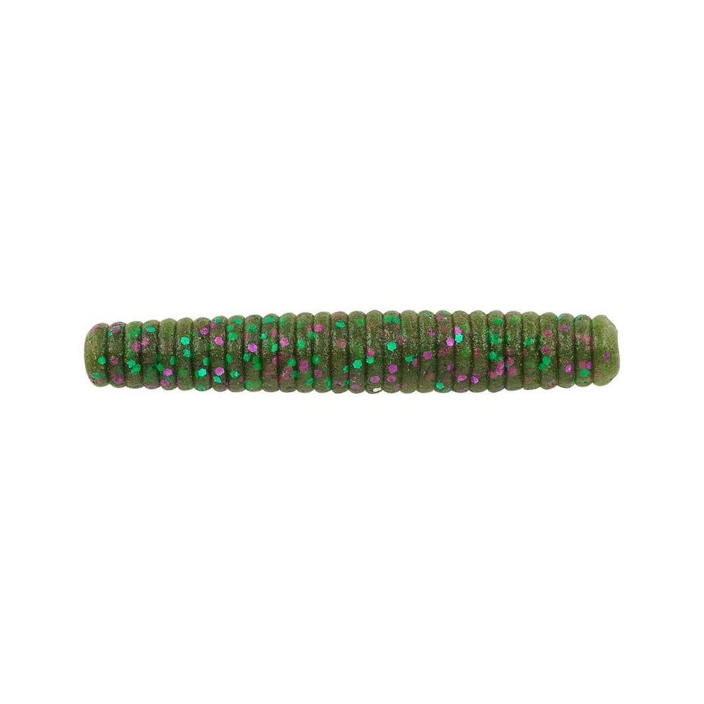 A Berkley Powerbait MaxScent Lil' General in green with pink and turquoise glitter, ideal for finesse presentations, is displayed horizontally on a white background.