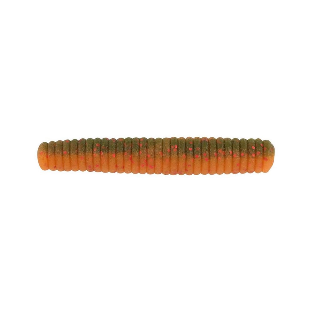 The Berkley Powerbait MaxScent Lil' General is a segmented, worm-like fishing lure with a ribbed texture and an eye-catching orange and green color pattern. Ideal for finesse presentations, it uses PowerBait MaxScent technology to attract fish with its irresistible aroma.