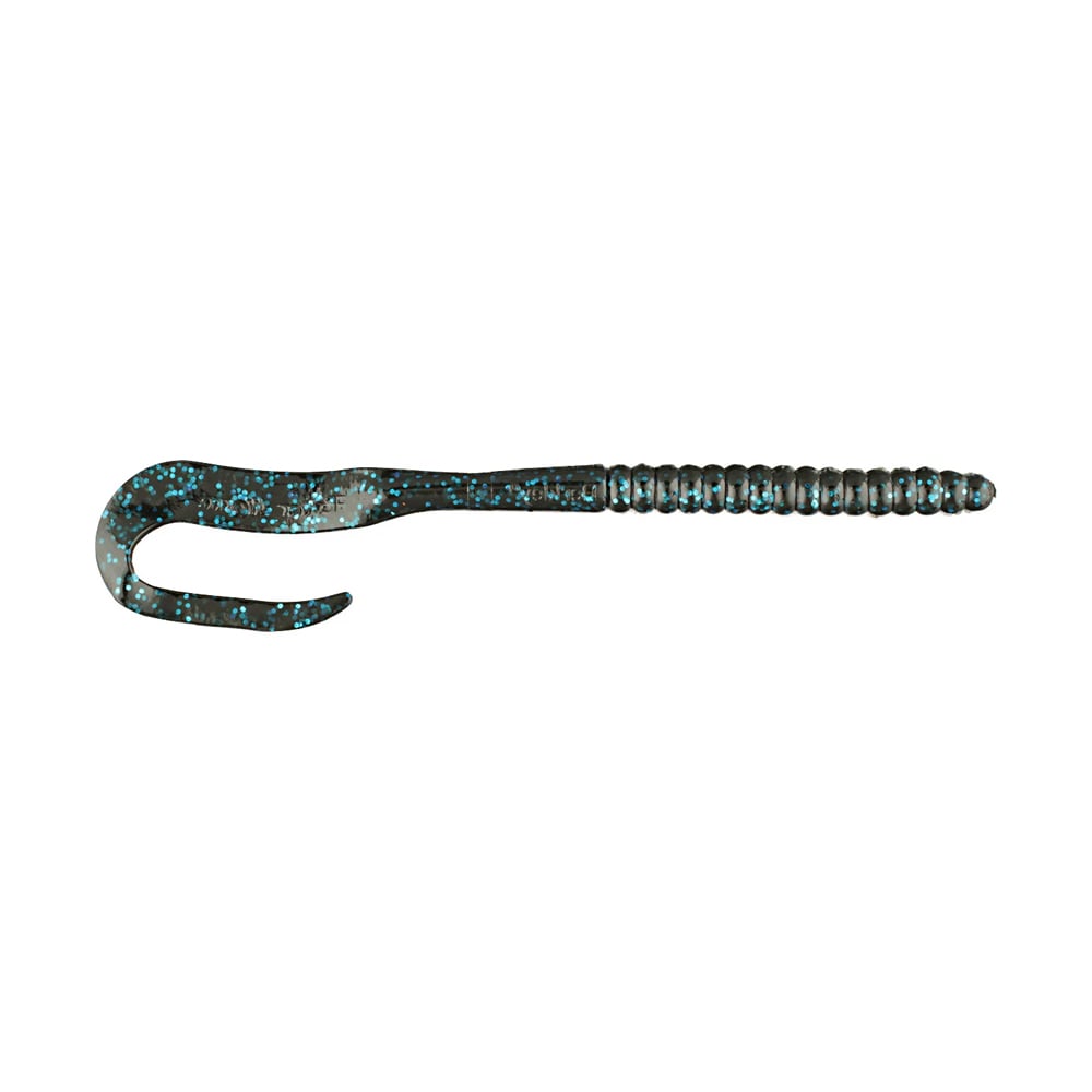 The Berkley Powerbait Power Worm, by Berkley, is a black and blue speckled soft plastic fishing bait featuring a curly tail and ribbed body for added texture, designed to help you catch more fish effortlessly.