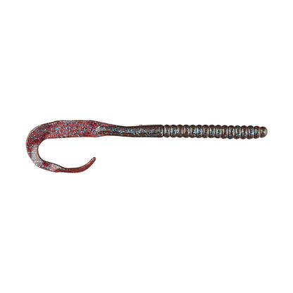 Explore the Berkley Powerbait Power Worm, a worm-shaped fishing lure by Berkley. Its textured, segmented body and curly tail boast a vibrant mix of brown, red, and blue colors with shimmering speckles to enhance your fishing success.