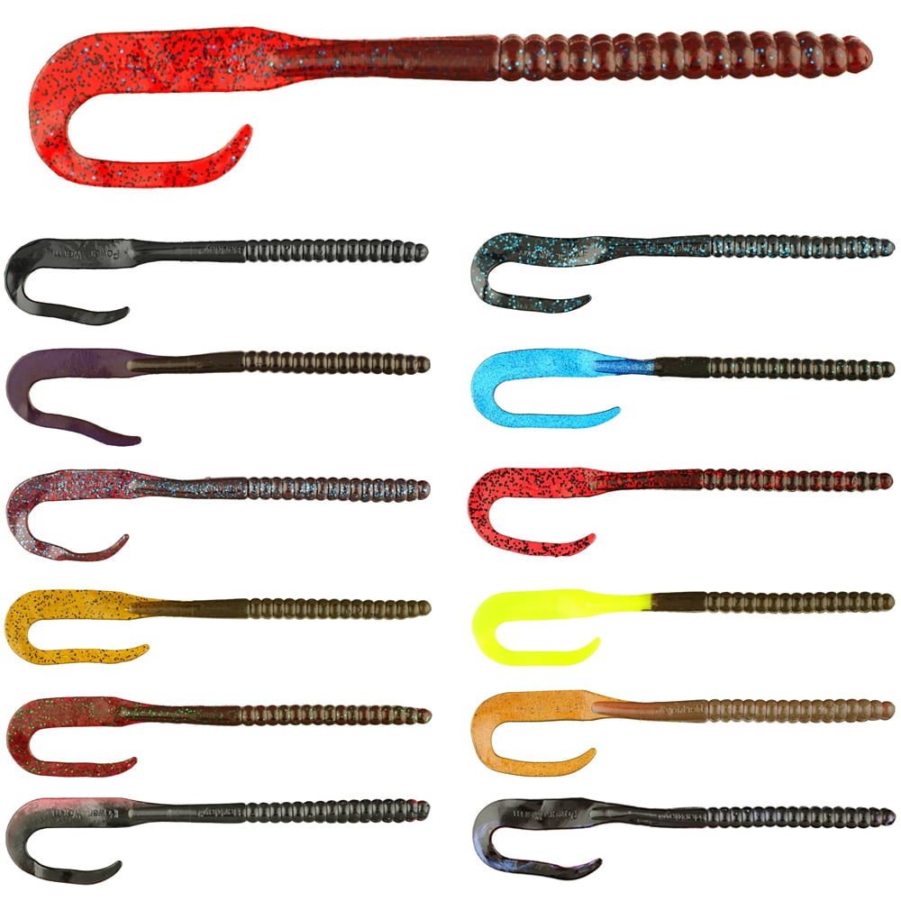 The Berkley Powerbait Power Worm collection includes twelve colorful, segmented lures with curled tails in red, yellow, black, blue, brown, and purple speckled patterns. Perfectly arranged horizontally on a white background to boost your fishing success.