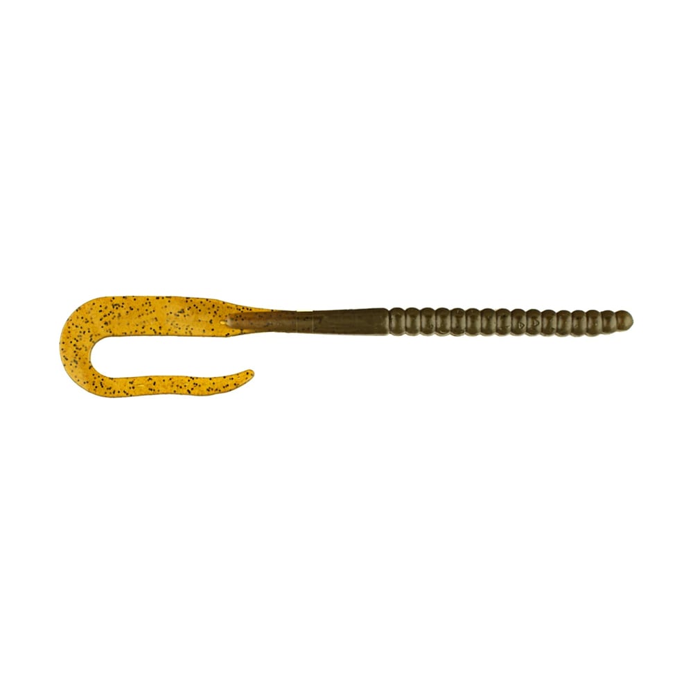 The Berkley Powerbait Power Worm by Berkley is a soft plastic lure featuring a ribbed body and curled tail, with an olive-green color spotted with black. Presented on a plain white background, it's designed to enhance your fishing success.