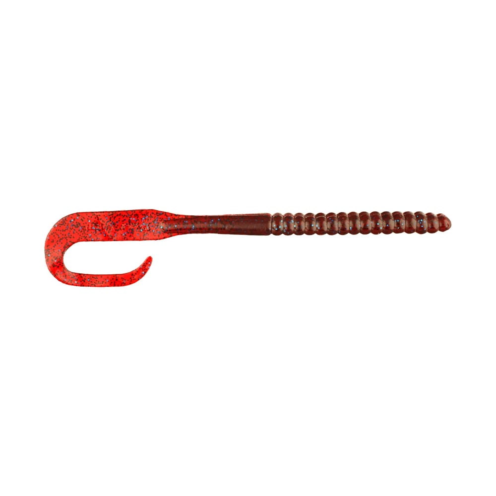 The Berkley Powerbait Power Worm, a red and brown curly tail grub by Berkley, features a ribbed body and hook-like tail to enhance your catch.