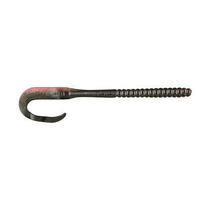 The Berkley Powerbait Power Worm by Berkley features a long, ribbed design with a curved, sharp end. Ideal for heavy-duty fishing, the worm has a slightly reflective textured surface to enhance its fish-catching ability.