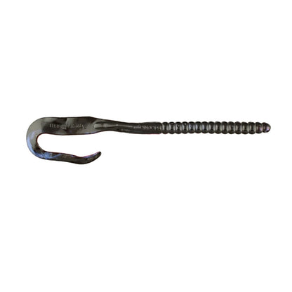 A metal car towing hook with a spiral threaded rod end, offering precision akin to Berkley Powerbait Power Worm gear. The hook features a slightly curved shape for secure attachment and has a dark, polished finish.