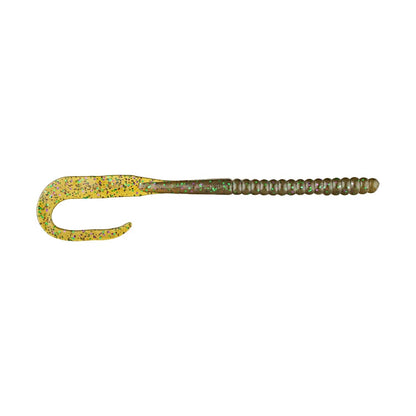 The Berkley Powerbait Power Worm by Berkley is a soft fishing lure with a curly tail and ribbed body in green and yellow with glittery specks. Designed to resemble a worm, it's ideal for freshwater fishing, helping anglers catch more fish effortlessly.