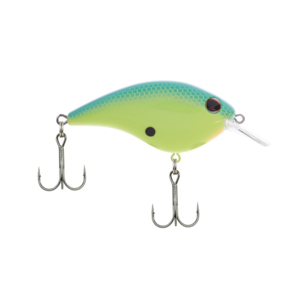 The Berkley Frittside Crankbait is a green and blue fish-shaped lure ideal for bass fishing. It offers balsa-like actions, two treble hooks, and a transparent lip that enhances diving capabilities. The realistic fish scale detailing and black dot on the side add to its visual appeal.