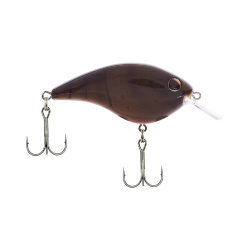 Introducing the Berkley Frittside Crankbait: a teardrop-shaped, brown fishing lure perfect for bass fishing. This Berkley product features two treble hooks and a small clear lip, with its balsa actions designed to mimic real bait and entice your next big catch.