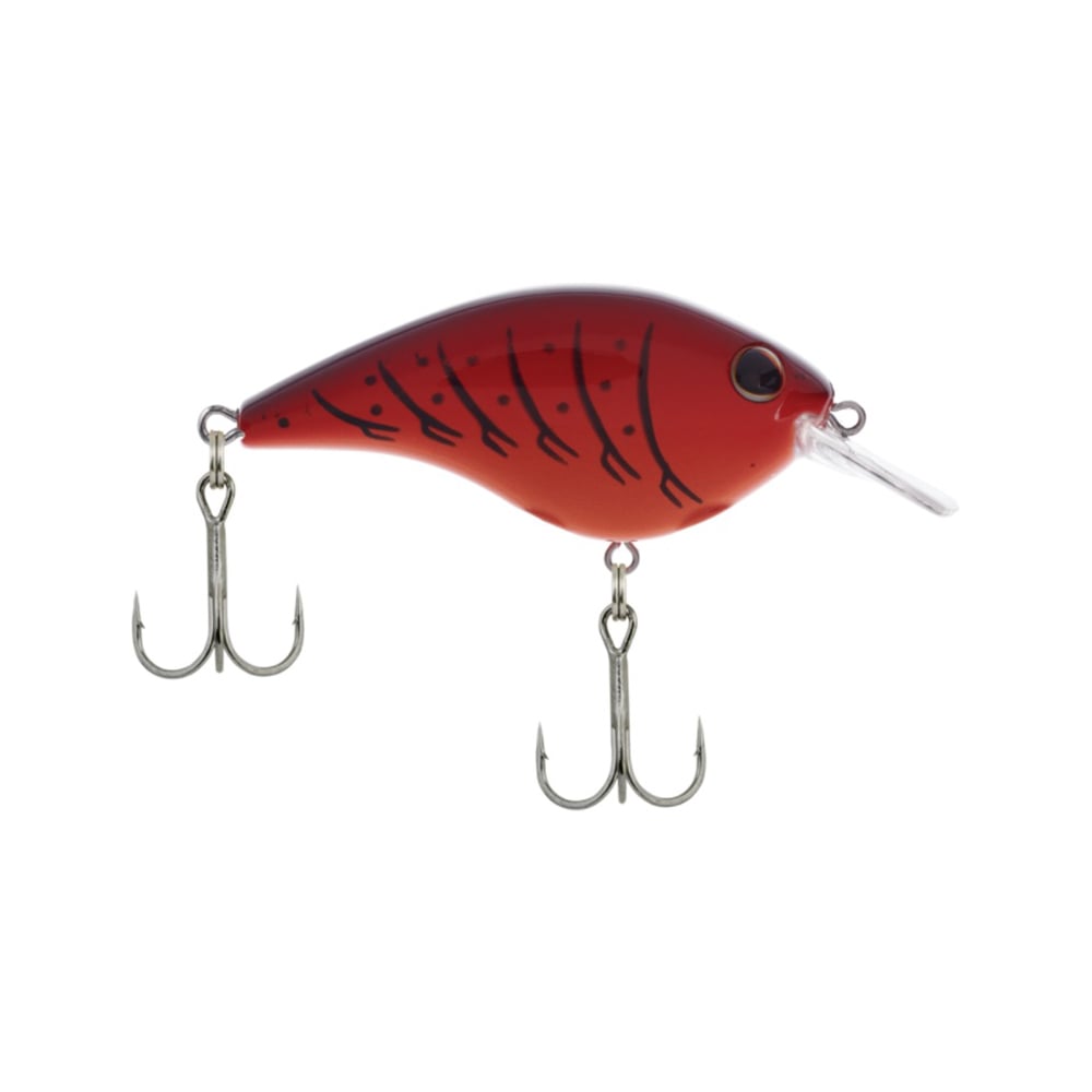 The Berkley Frittside Crankbait is a red and black fishing lure designed for bass fishing. It boasts a fish-like shape, balsa wood action, and two treble hooks—one positioned at the tail and another underneath the body. The design is completed with a clear fin at the front and distinctive black patterns on its surface.