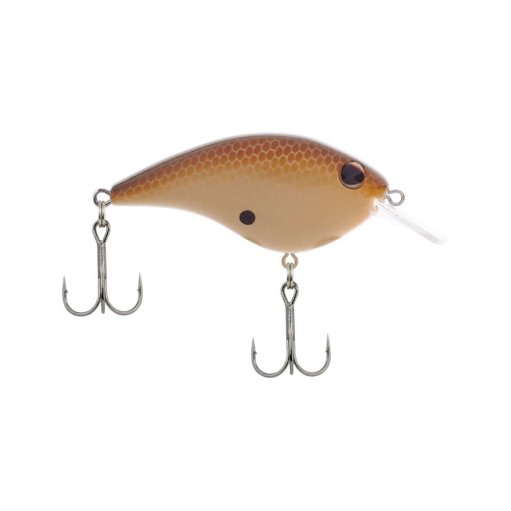 The Berkley Frittside Crankbait is a brown and beige lure designed to mimic a small fish, ideal for bass fishing. Featuring a fish scale pattern, two treble hooks, and a detailed eye design, it also includes a clear plastic lip to optimize the balsa movements in the water.