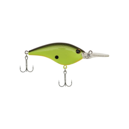 This Berkley Frittside Crankbait is a green and black fishing lure designed like a fish, perfect for bass fishing. It boasts balsa actions with two treble hooks—one under the belly and another at the tail—and includes a transparent bill extending from the front. A notable black dot is positioned near the eye.