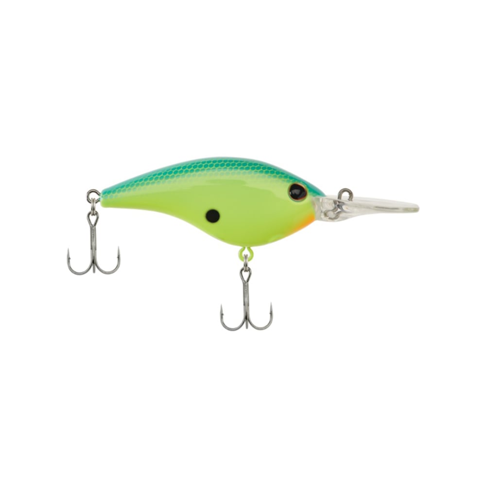 Introducing the Berkley Frittside Crankbait: a vivid fishing lure ideal for bass fishing. Featuring a green and yellow body, two treble hooks, and a transparent bill, its textured surface and orange stripe near the head beautifully mimic fish movements for effective balsa actions.