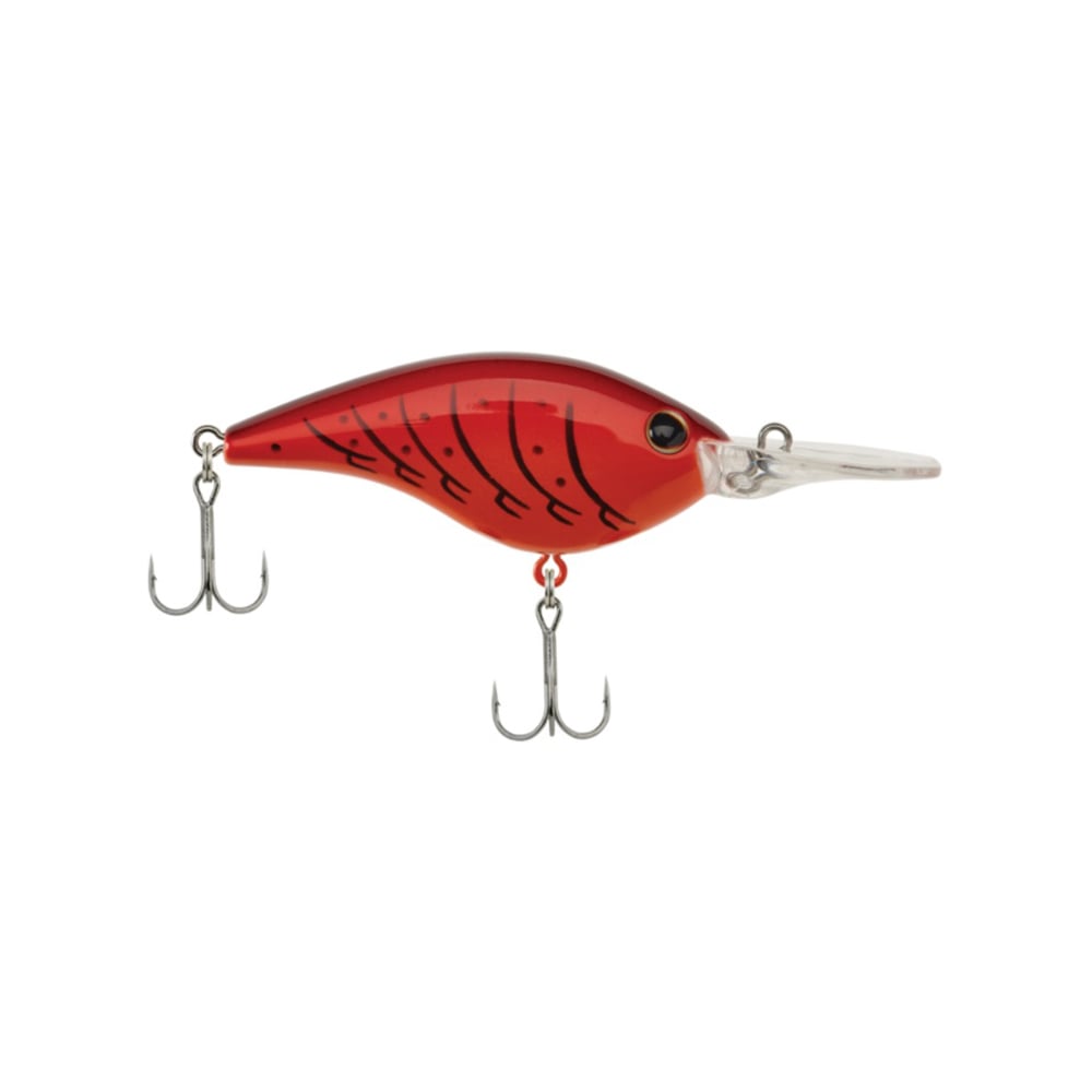 Introducing the Berkley Frittside Crankbait, a red fishing lure with black stripes featuring two treble hooks. Perfect for bass fishing, it boasts a clear bill and a smooth, streamlined shape that emulates classic balsa actions to effectively entice your catch.