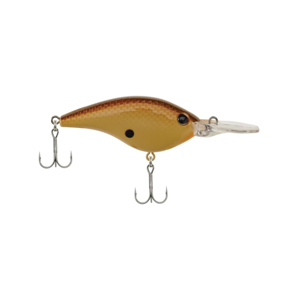 The Berkley Frittside Crankbait, crafted specifically for bass fishing, showcases a yellow and brown design with two treble hooks. Its balsa actions create an alluring motion, further enhanced by a clear bill at the front and a distinctive small black dot near the top.