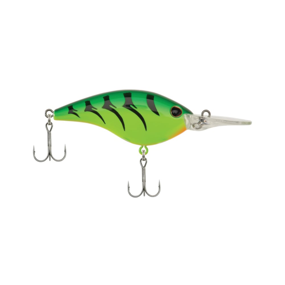 The Berkley Frittside Crankbait is a striking green and yellow fishing lure, accented with black stripes, designed to replicate balsa actions for attracting bass. It is equipped with two treble hooks and a transparent plastic lip for diving, showcased beautifully against a simple white background.