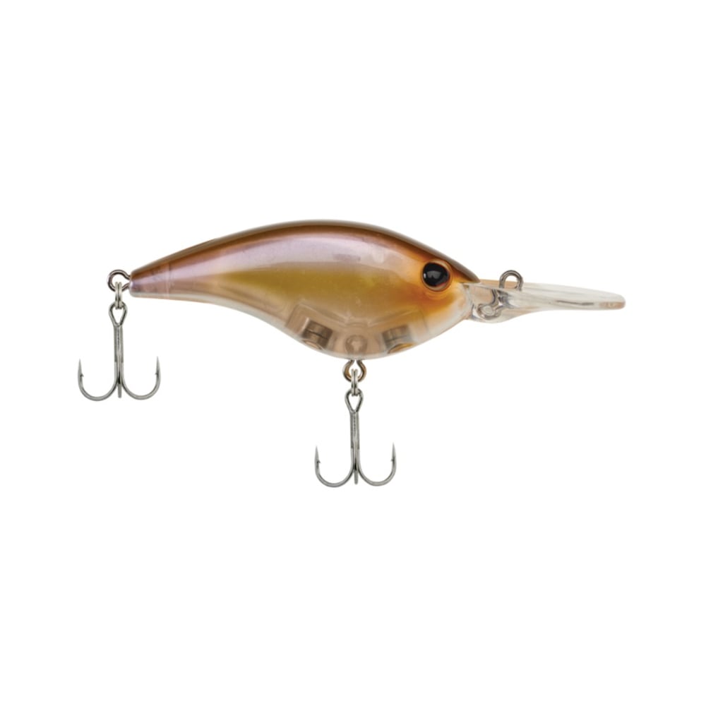 The Berkley Frittside Crankbait, a realistic brown and translucent lure, is equipped with two treble hooks and features a streamlined body and pointed lip for diving. It's perfect for bass fishing thanks to its lifelike balsa actions.