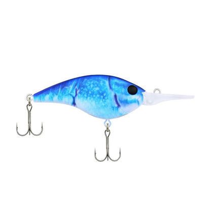 The Berkley Frittside Crankbait is a blue and white fishing lure perfect for bass fishing. It has a translucent lip and two treble hooks, designed to imitate the appearance of a small fish. Its smooth, shiny surface replicates the enticing balsa actions characteristic of the Frittside Crankbait.