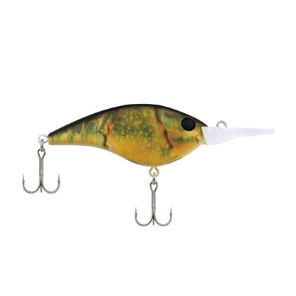 The Berkley Frittside Crankbait, ideal for bass fishing, boasts a green, yellow, and brown pattern that mimics a small fish. Designed to deliver balsa actions, it is equipped with a prominent white bill at the front and features two treble hooks attached to the bottom.