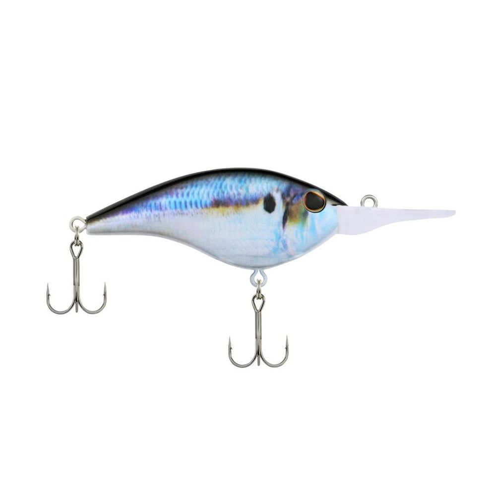 Experience the thrill of bass fishing with the Berkley Frittside Crankbait, featuring a vibrant fish-shaped design. Its reflective blue and silver body adorned with black accents, combined with lifelike balsa-like actions and equipped with two treble hooks, promises an alluring underwater dive thanks to its clear plastic lip.