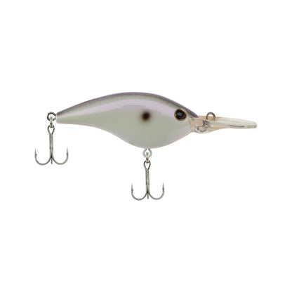 Image of a Berkley Frittside Crankbait designed like a fish, featuring a curved body, metallic sheen, and equipped with two treble hooks underneath. Ideal for bass fishing, this lure showcases balsa actions, a small round eye, and a transparent bill extending from the front.