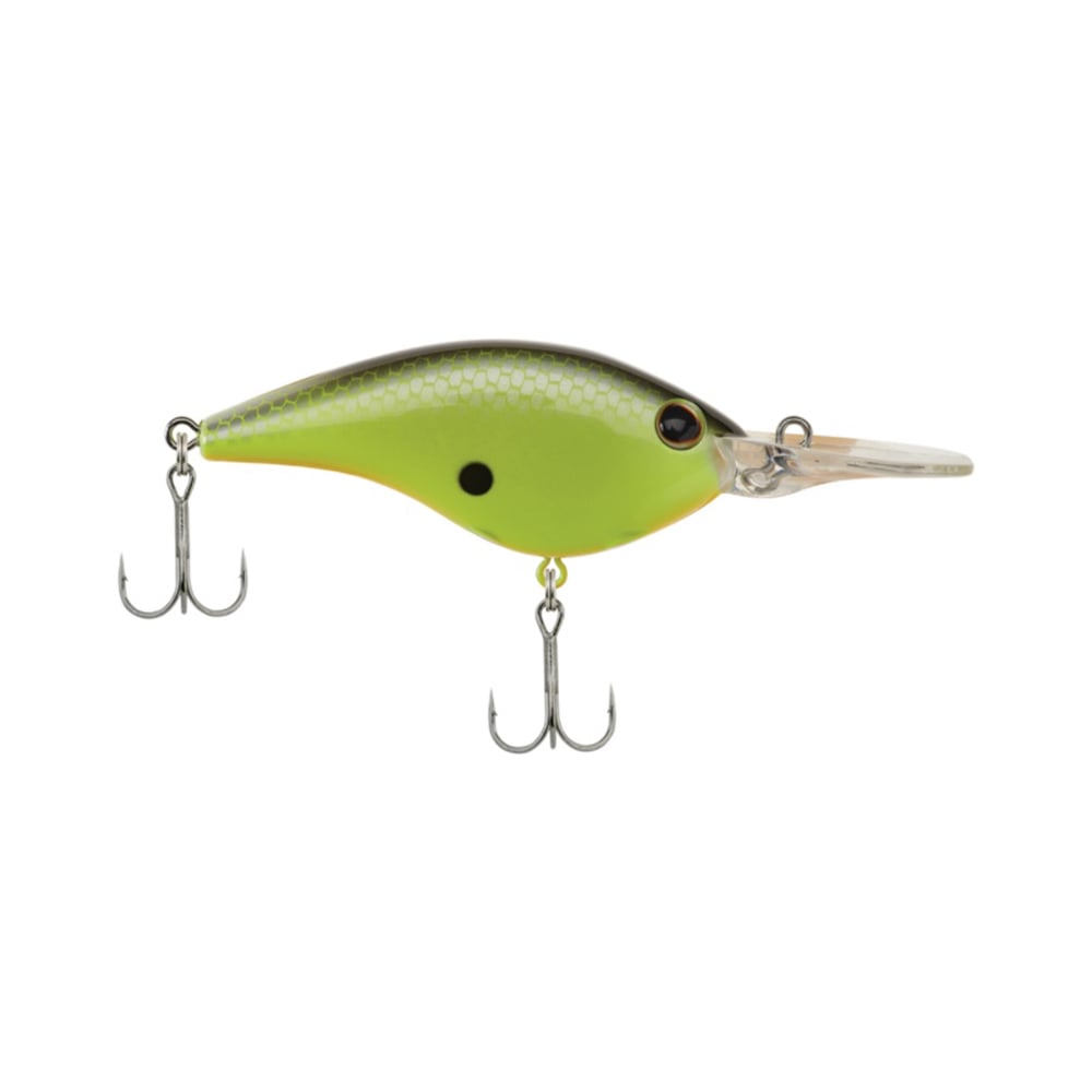 The Berkley Frittside Crankbait, in green and yellow with a silver back and two treble hooks, is perfect for bass fishing. It includes a black dot near the eye and features a transparent lip for diving. Its balsa actions make it an enticing option underwater.