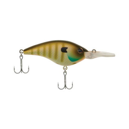 The Berkley Frittside Crankbait is a fishing lure featuring a greenish-brown body, clear diving lip, and two treble hooks. It is adorned with bold black stripes and a blue accent near the eye, making it ideal for bass fishing. Its classic balsa actions are designed to effectively lure in your catch.