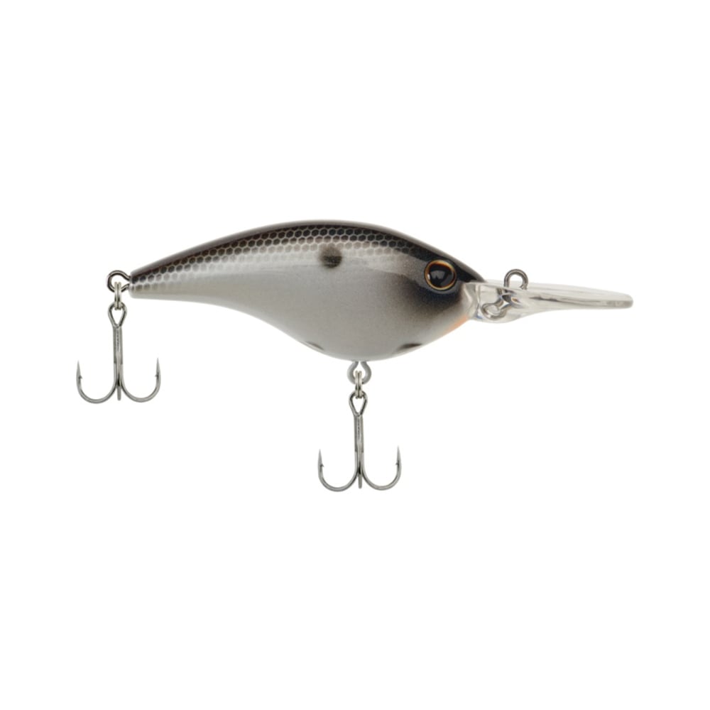 Close-up of a Berkley Frittside Crankbait from Berkley, designed like a small fish with a dark top and white belly, perfect for bass fishing. It boasts balsa-like actions and includes two treble hooks: one near the head and another near the tail, accompanied by a plastic lip to aid in diving.