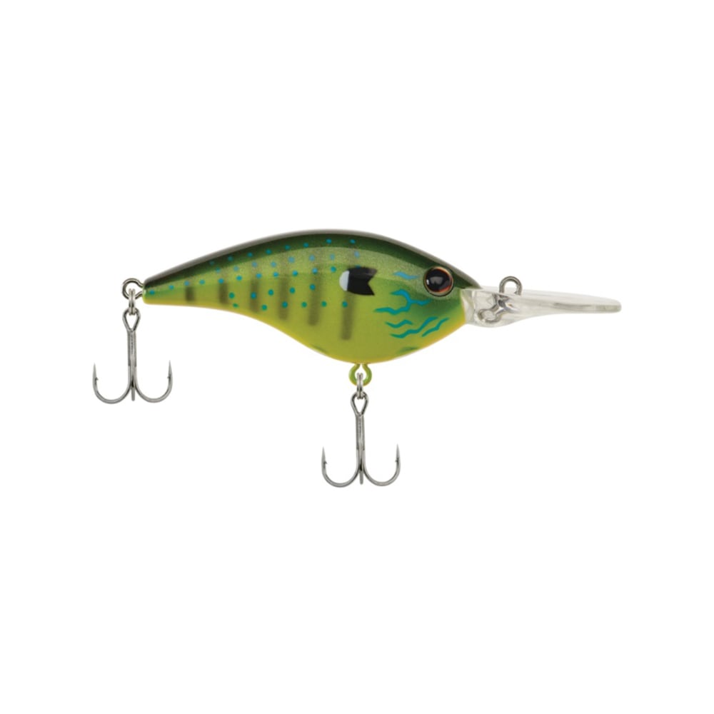 Introducing the Berkley Frittside Crankbait, a fishing lure shaped like a fish and decorated with green and yellow colors, black stripes, and a blue wave design. Inspired by classic balsa actions, it is perfect for bass fishing with its clear plastic lip designed for diving and is equipped with two treble hooks underneath.