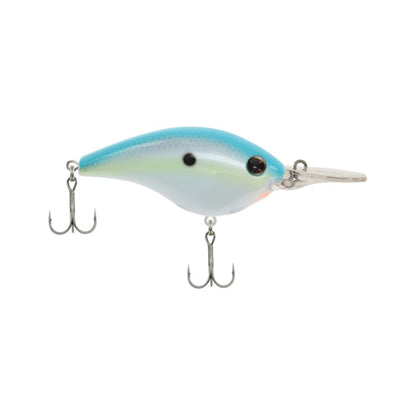 The Berkley Frittside Crankbait, designed for bass fishing, showcases a blue and white pattern with two treble hooks and a clear lip, expertly crafted to imitate baitfish with realistic balsa-like movements.