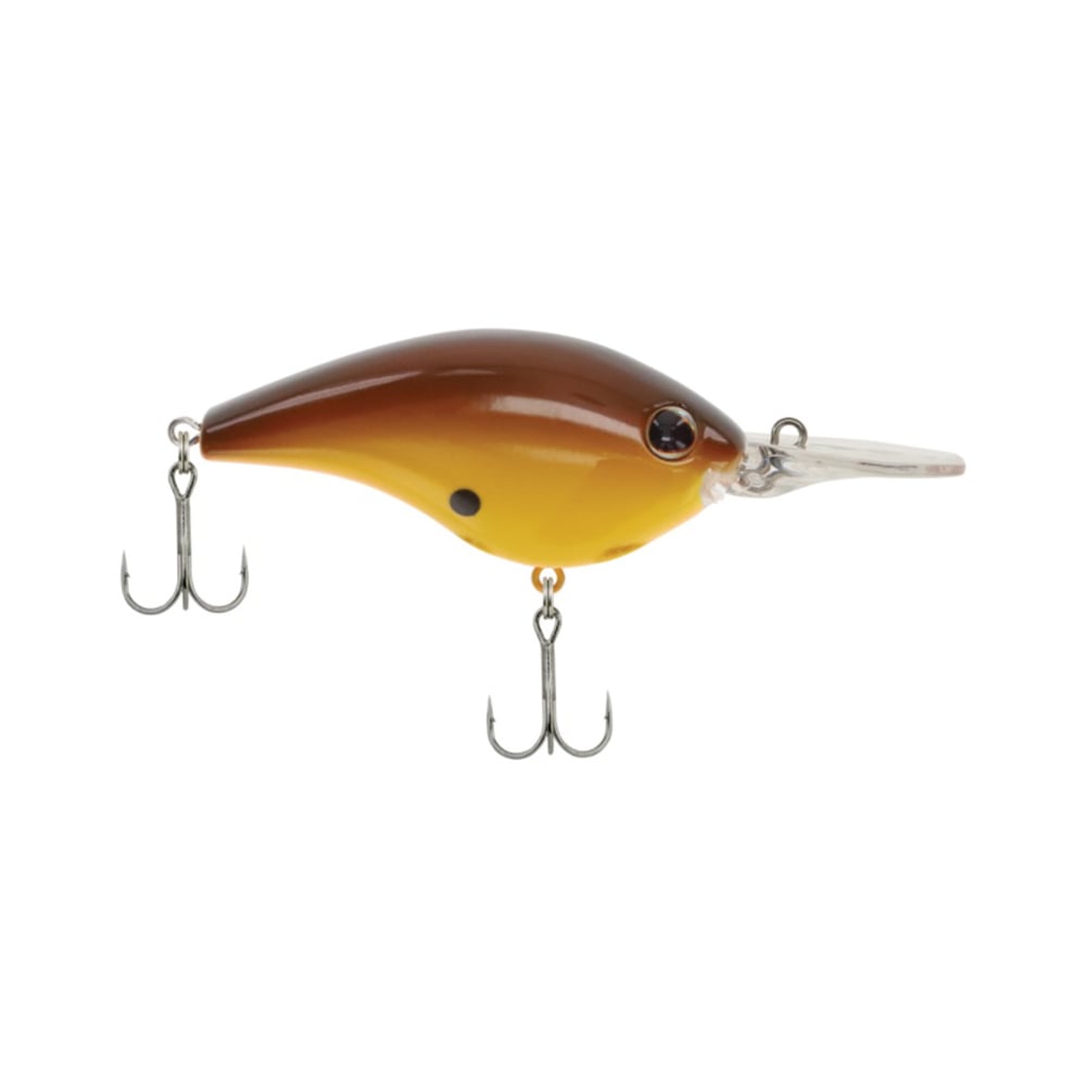 Introducing the Berkley Frittside Crankbait, an ideal choice for bass fishing. This exceptional lure, crafted by Berkley, features a brown top and yellow underside with two treble hooks. Its streamlined body combined with balsa actions provides dynamic movement, while the translucent lip facilitates effortless diving.