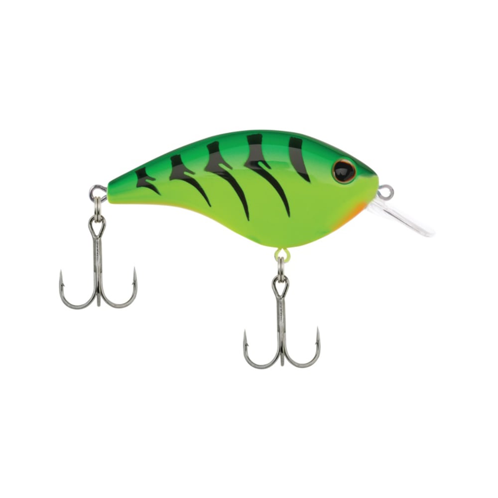 The Berkley Frittside Crankbait by Berkley is a vibrant green fishing lure adorned with black stripes and an orange tip, making it ideal for bass fishing. Designed with balsa actions, it includes a small lip and two treble hooks on the underside.