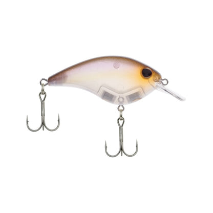 The Berkley Frittside Crankbait, designed specifically for bass fishing, boasts a translucent fish-shaped body with a gradient of brown to white hues. Engineered for balsa actions, it includes a diving lip and is outfitted with two treble hooks at the bottom.