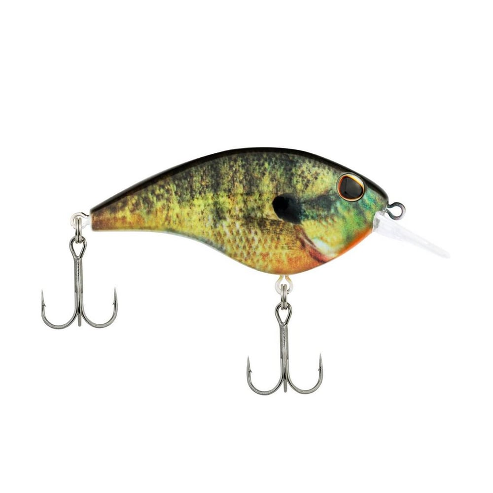 The Berkley Frittside Crankbait, an expertly crafted lure for bass fishing, flaunts a striking green and orange pattern. It comes equipped with two treble hooks and a clear plastic lip that enables diving, effectively replicating genuine balsa actions to attract fish with every cast.