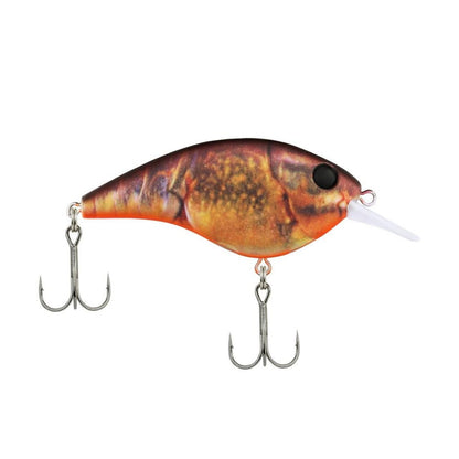 The Berkley Frittside Crankbait is a vibrant fishing lure featuring an eye-catching, glossy design in orange and brown hues, resembling a fish. Ideal for bass fishing, it comes equipped with two treble hooks beneath and a white lip at the front, delivering remarkable balsa-like action.