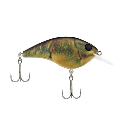 The Berkley Frittside Crankbait is a fishing lure crafted to resemble a small fish, with its green and yellow patterned body, tiny black eye, and dual treble hooks underneath. Ideal for bass fishing, it replicates balsa actions to entice your daily catch.