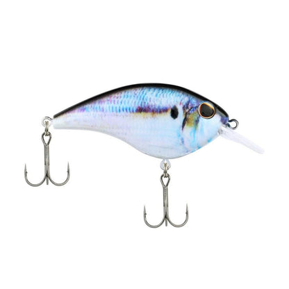 The Berkley Frittside Crankbait, ideal for bass fishing, is a vibrant lure designed to resemble a small fish. It features a shiny, iridescent body and is equipped with two treble hooks below. Its pronounced diving lip facilitates dynamic underwater motion similar to natural balsa actions.