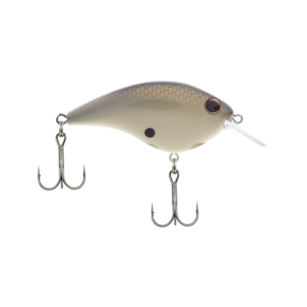 The Berkley Frittside Crankbait is ideal for bass fishing, showcasing a fish-shaped body with a white belly and scale pattern. Crafted to emulate balsa actions, it includes two treble hooks underneath and features a small, clear plastic lip at the front to ensure authentic fish movement.