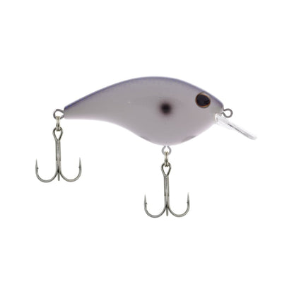 The Berkley Frittside Crankbait, crafted by Berkley, features a greyish-white fish shape with two black eyes and dual metal treble hooks. Its design replicates balsa actions, making it ideal for bass fishing by effectively attracting fish.