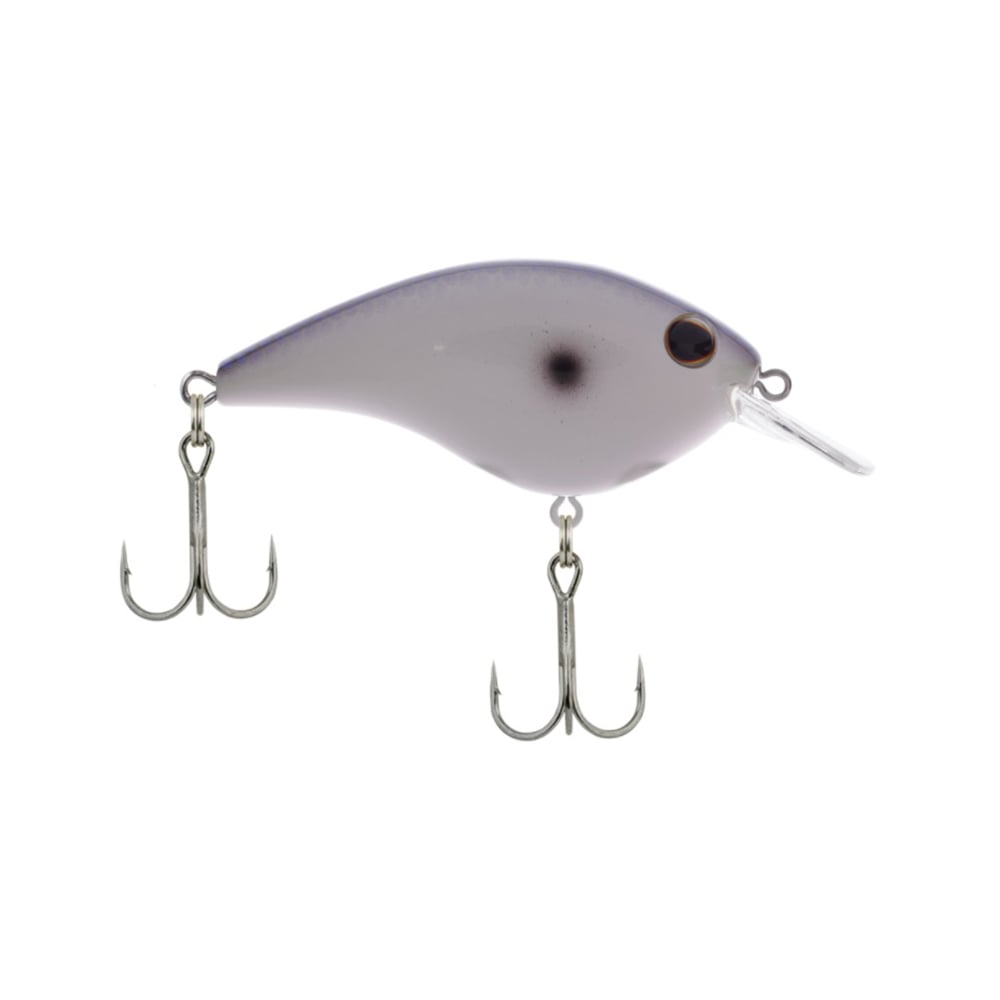 Introducing the Berkley Frittside Crankbait, an essential tool for bass fishing fans. This lure features a white and gray body with a unique circular black eye design and is equipped with two metal treble hooks. Its impressive balsa actions are perfect for attracting your next big catch.