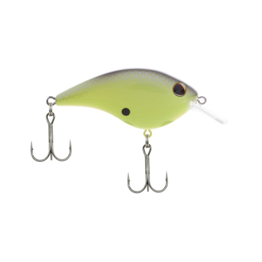 The Berkley Frittside Crankbait is a yellow and white fishing lure known for its balsa actions, equipped with a clear lip and two treble hooks, making it ideal for bass fishing enthusiasts.