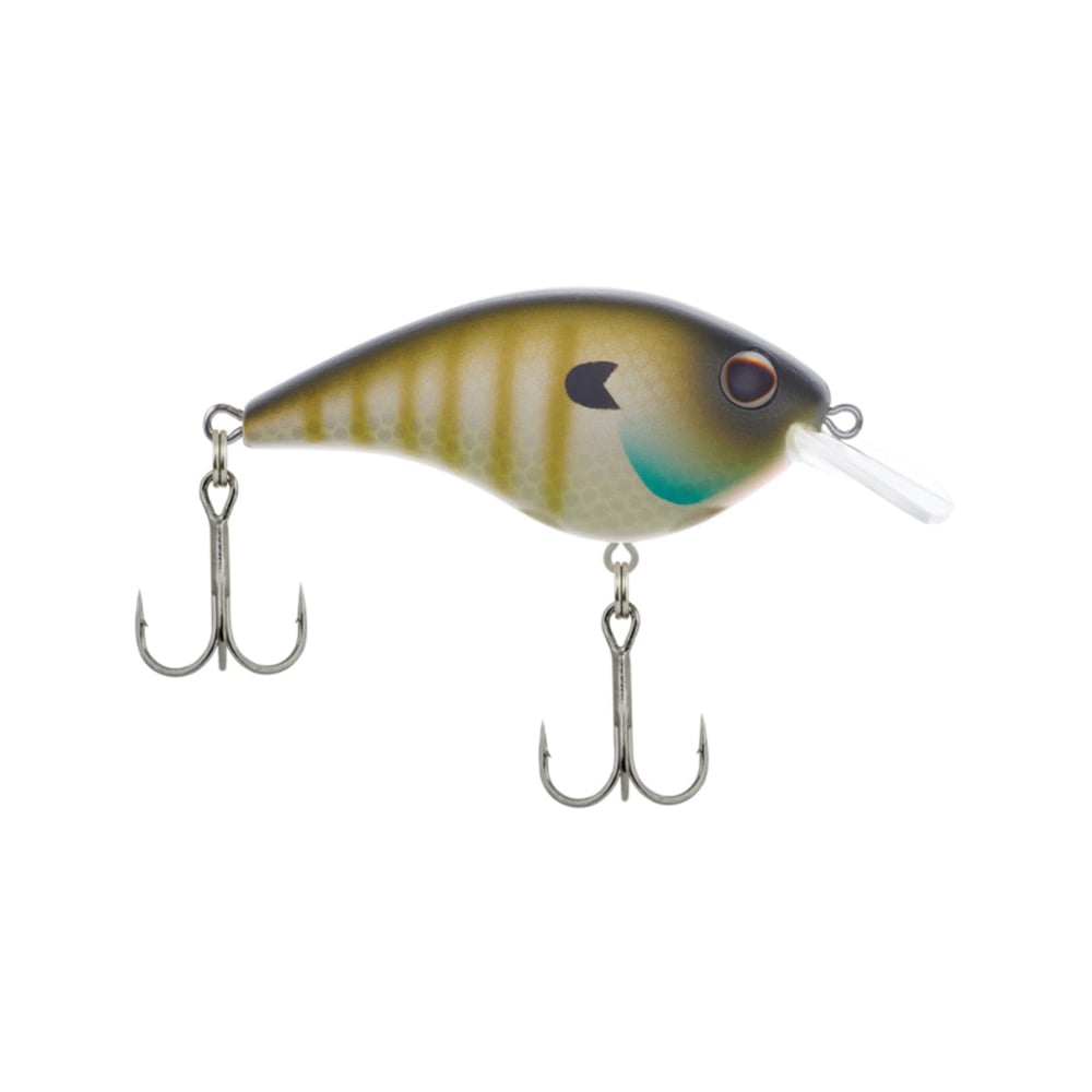 The Berkley Frittside Crankbait, ideal for bass fishing, features a fish-like design with a green and brown striped body, a clear lip, and two treble hooks hanging from its underside. Its detailed eye pattern adds to its lifelike appeal.