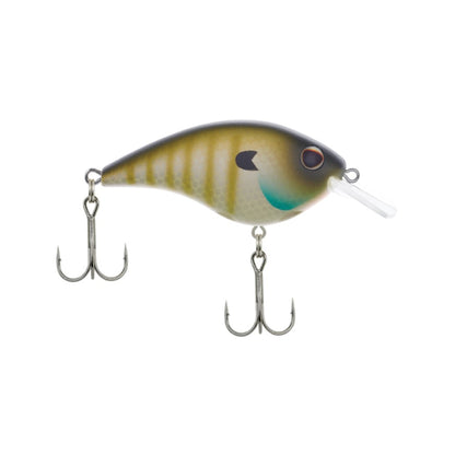 The Berkley Frittside Crankbait, ideal for bass fishing, features a fish-like design with a green and brown striped body, a clear lip, and two treble hooks hanging from its underside. Its detailed eye pattern adds to its lifelike appeal.