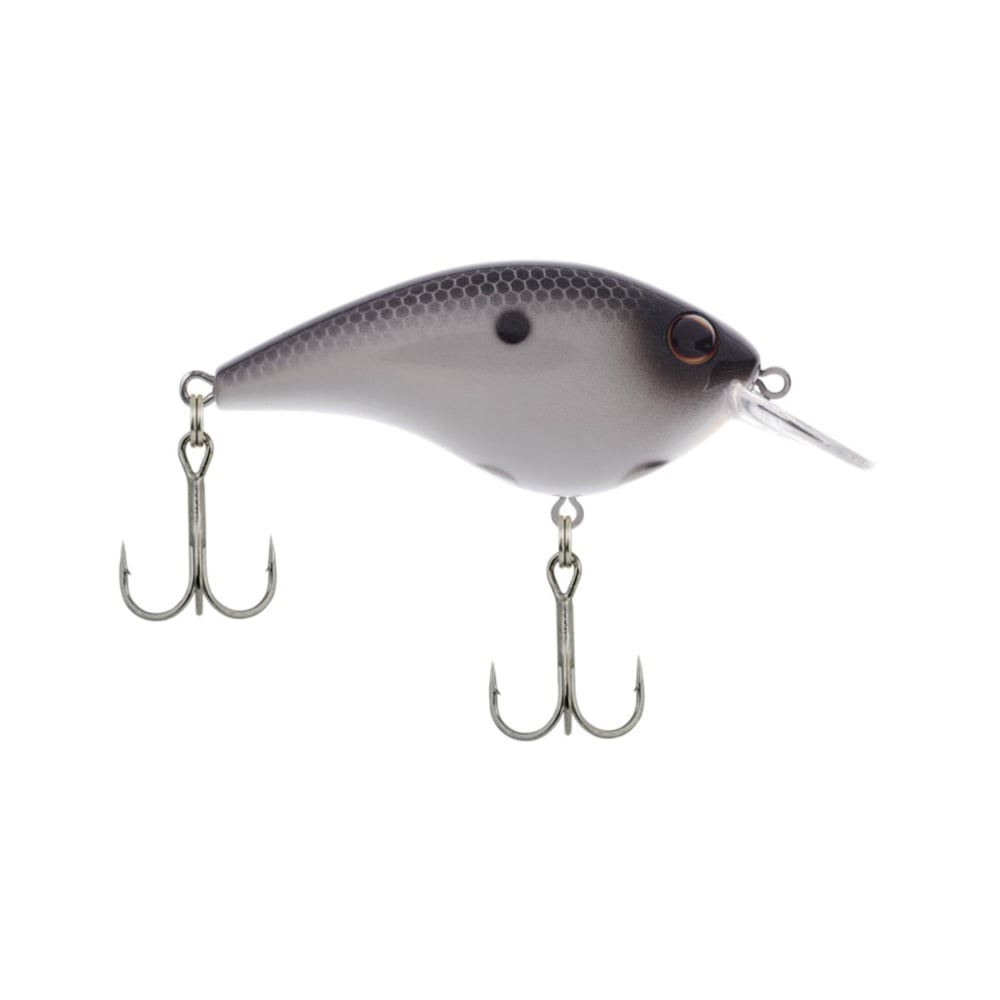 The Berkley Frittside Crankbait by Berkley is an excellent option for bass fishing, showcasing a gray, fish-shaped body that mimics balsa actions. It features two treble hooks, a dark back, a white belly, and a translucent bill ideal for diving.