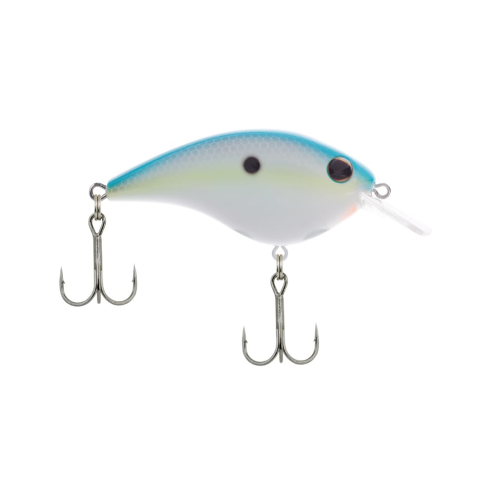 The Berkley Frittside Crankbait, crafted by Berkley, showcases a blue and white design with a distinctive black dot near the top. It's specifically engineered for bass fishing and includes two treble hooks along with a small protruding lip at the front. This combination ensures authentic balsa actions with every cast.