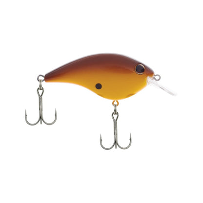 A Berkley Frittside Crankbait, skillfully designed for bass fishing with balsa actions, features a brown and orange finish. Its curved shape includes two treble hooks and a small clear plastic lip at the front, making it ideal for freshwater excursions. Set against a plain white background, it's poised to help you reel in your next catch.