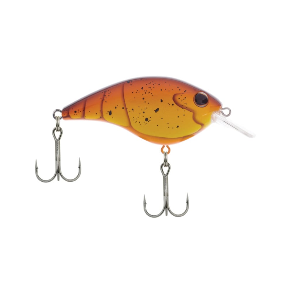 The Berkley Frittside Crankbait is a meticulously designed fishing lure by Berkley, perfect for bass fishing. It resembles a small fish with an orange and brown body, highlighted with black speckles. The crankbait features two treble hooks and a transparent fin at the front that creates authentic balsa diving actions.