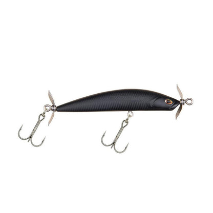 The Berkley SPY Spinbait, crafted by Berkley, is a sleek black fishing lure designed for spybait action. It includes two treble hooks and dual metal propellers positioned on the top and bottom, making it perfect for clear water fishing. Its attractive features are enhanced by a glossy finish with an orange eye detail.