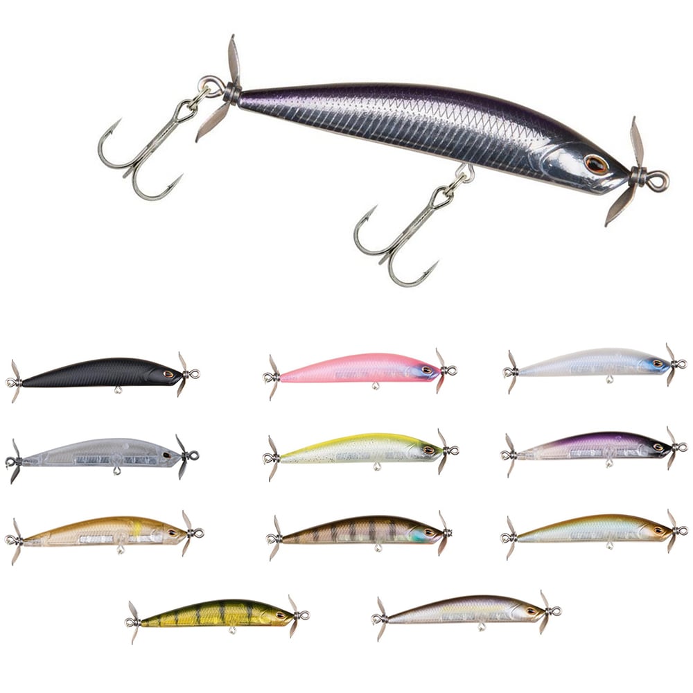 Image of twelve fishing lures arranged in two rows. These lures, including the Berkley SPY Spinbait from Berkley, feature a shiny, fish-like body with two treble hooks designed for spybait action. The lures are available in a variety of colors such as silver, pink, yellow, and black, making them perfect for clear water fishing.