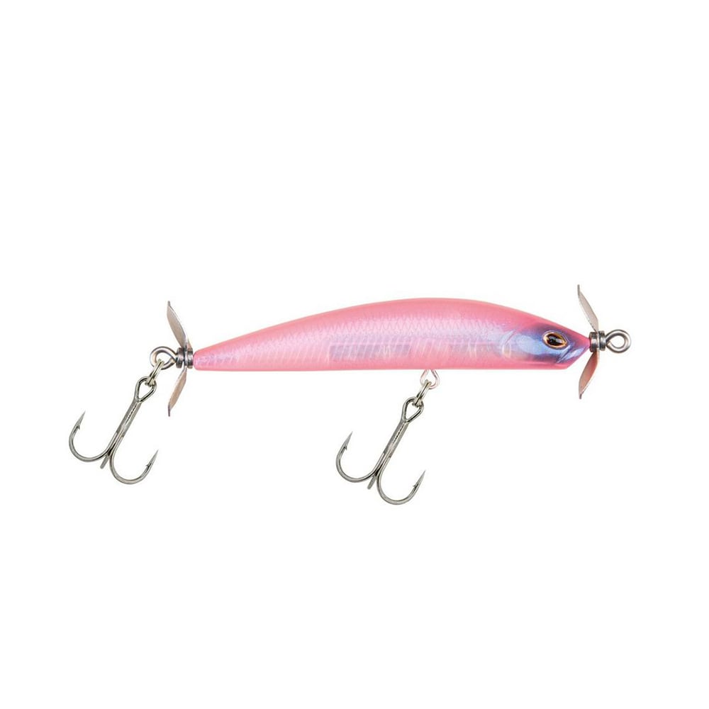 The Berkley SPY Spinbait is a fishing lure in shades of pink and blue, crafted specifically for clear water use. It includes spybait action, with a spinner blade at each end and comes equipped with two treble hooks.