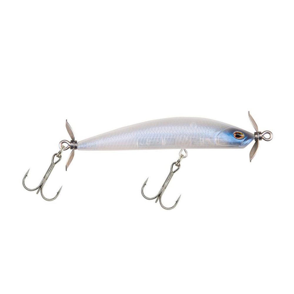 The Berkley SPY Spinbait, a premium fishing lure from Berkley, features a sleek silver and blue design ideal for clear water conditions. Its advanced spybait action is complemented by two sets of treble hooks and small propellers at both ends, making it a perfect choice for dedicated anglers.